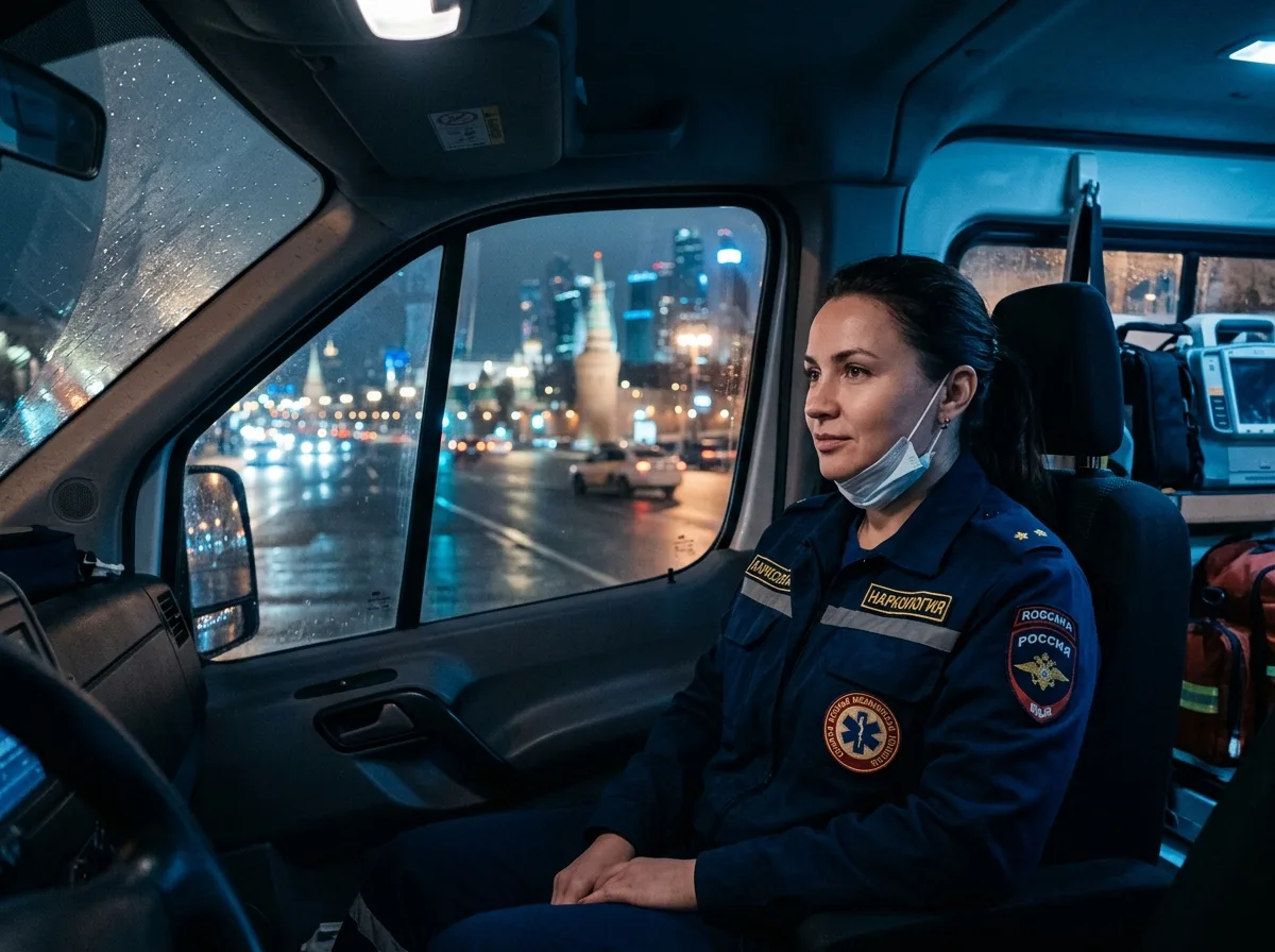 Врач-нарколог в форме выезжает к пациенту в Москве, тёмно-синий тон, ночной город на фоне, профессиональная уверенная обстановка