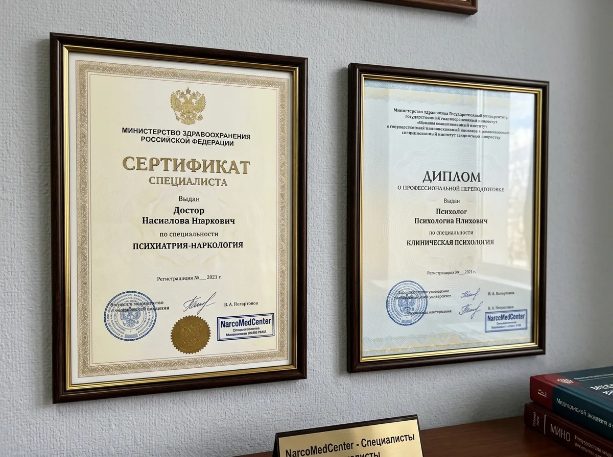 Сертификаты специалистов клиники НаркоМедЦентр — врачей-психиатров-наркологов и психологов, официальные документы с печатями