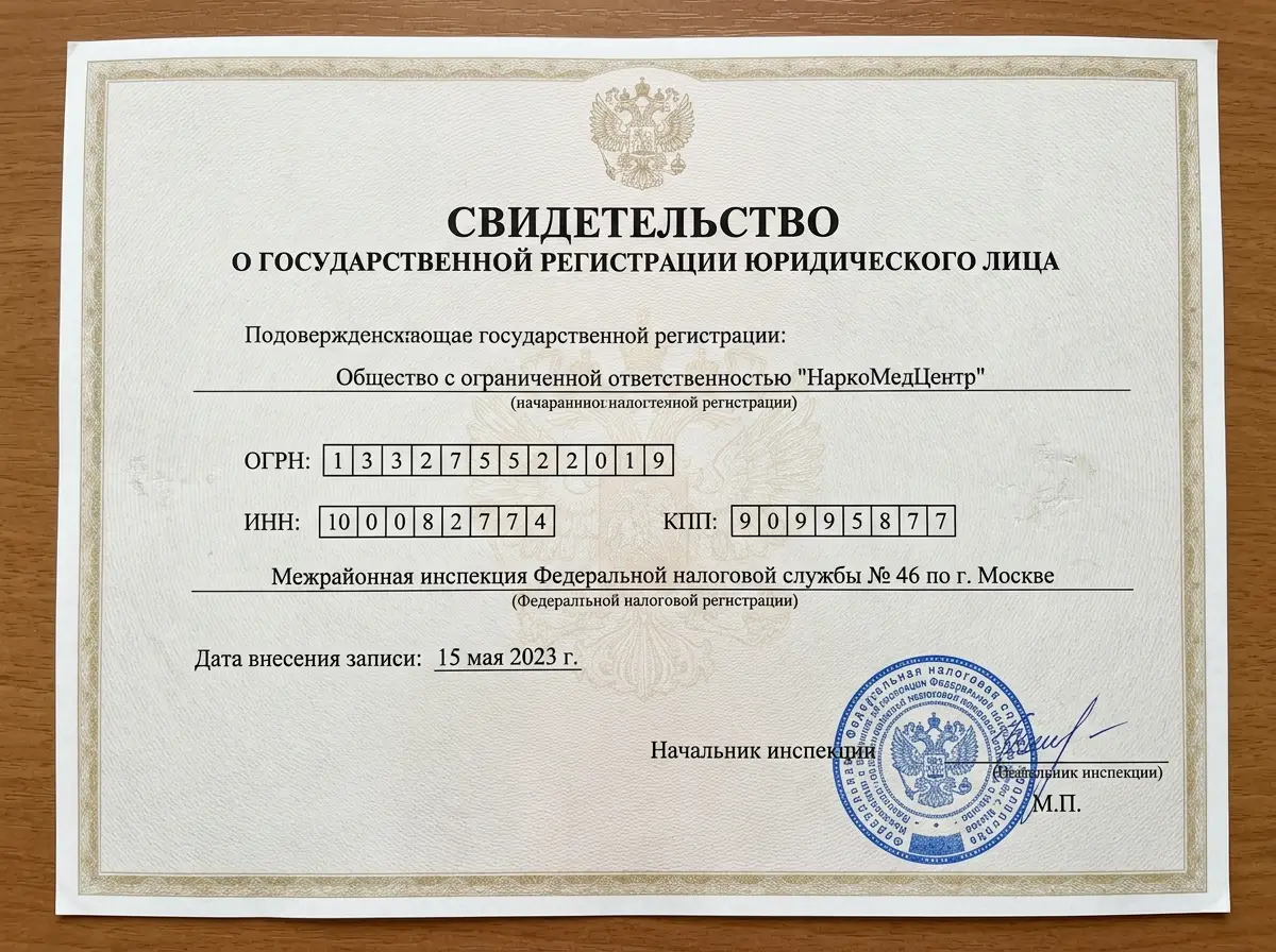 Свидетельство о государственной регистрации ООО НаркоМедЦентр, налоговая, ОГРН, ИНН, официальный документ