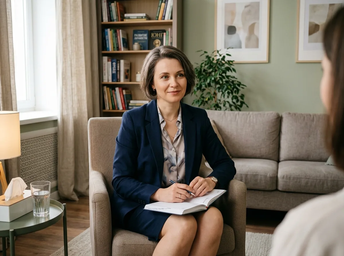 Психотерапевт Ольга Сергеевна Никитина, женщина 44 лет, профессиональная уверенная поза, кабинет психотерапевта, спокойные тона